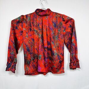 TESS Vintage Colorful 80s Paris Milano Satin Pleated Blouse Sz 8